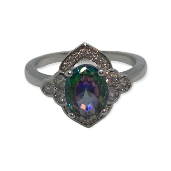 Sterling Silver Mystic Rainbow Ring Size 9 Stamped 925 Oval Center Clear Stones - Picture 2 of 14